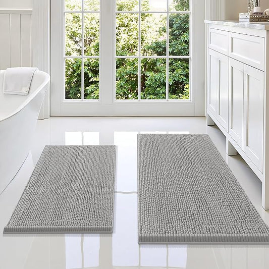 Smiry Chenille Bathroom Rugs Sets 2 Piece (36x24+30x20, Light Grey) | Soft Absorbent Machine Washable Non Slip Shaggy Bath Rug Set for Tub, Shower, and Floor, Home Decor