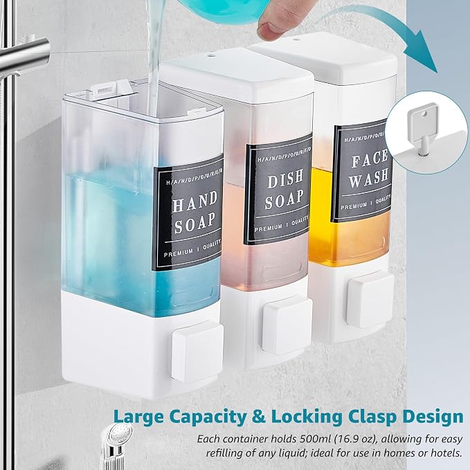 Shampoo and Conditioner Dispenser for Shower, 3 Chamber, White | Wall Mounted, No Drill, 3×16.9oz, ABS Plastic Material, Refillable With Labels, For Bathroom Hotel