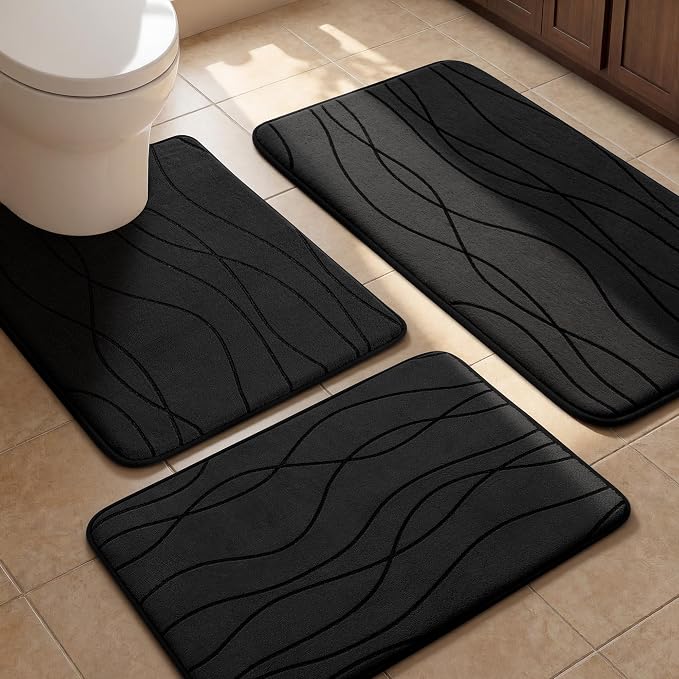 Bathroom Rugs Set 3 Piece, Memory Foam Bath Mat Black | Ultra Soft, Absorbent, Non-Slip, Machine Washable, for Bathroom, Sink and Toilet