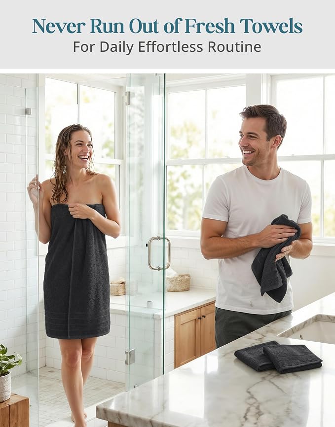 Casa Platino Bathroom Towel Set 8 Piece Soft Absorbent Quick Dry - Black | Cotton Towel Set - Coordinated Colors, Dobby Border Accent, OEKO-TEX Certified, Ring-Spun Durability, Ring-Spun Cotton