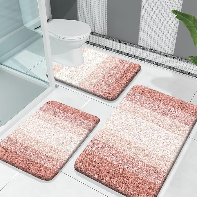 OLANLY Microfiber Bathroom Rugs Sets 3 Piece, 30"x20"+24"x16"+24"x20" | Peach, Soft Absorbent Bath Mats and U-Shaped Contour Toilet Rug, Machine Wash Dry, Plush Shaggy Bath Mat Set for Bathroom