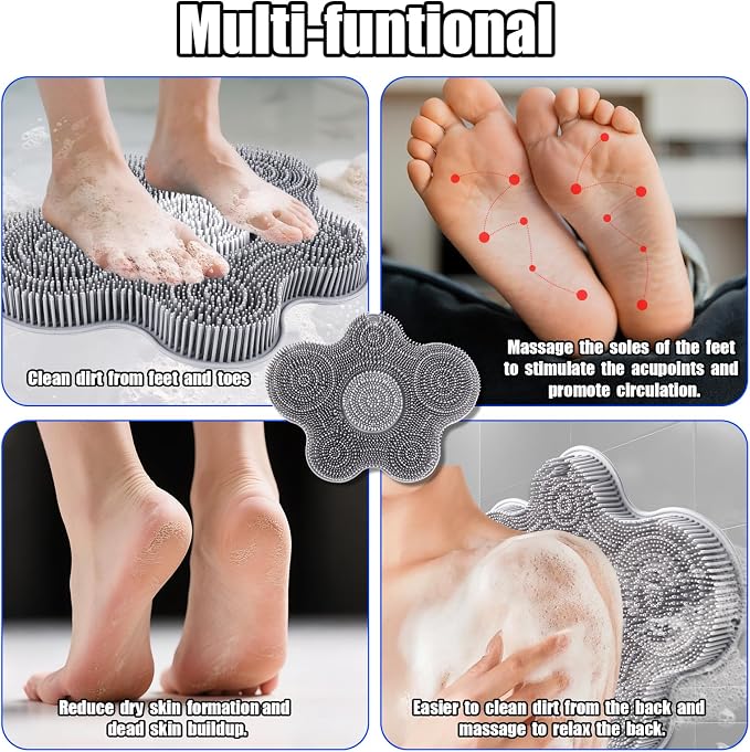 Kalolary Silicone Shower Foot Scrubber Mat，Back Exfoliating Cleaner Foot Scrubber in Shower with Non-Slip Suction Cups Cleaner Brush to Exfoliate and Massage Feet Without Bending Over (Flower)