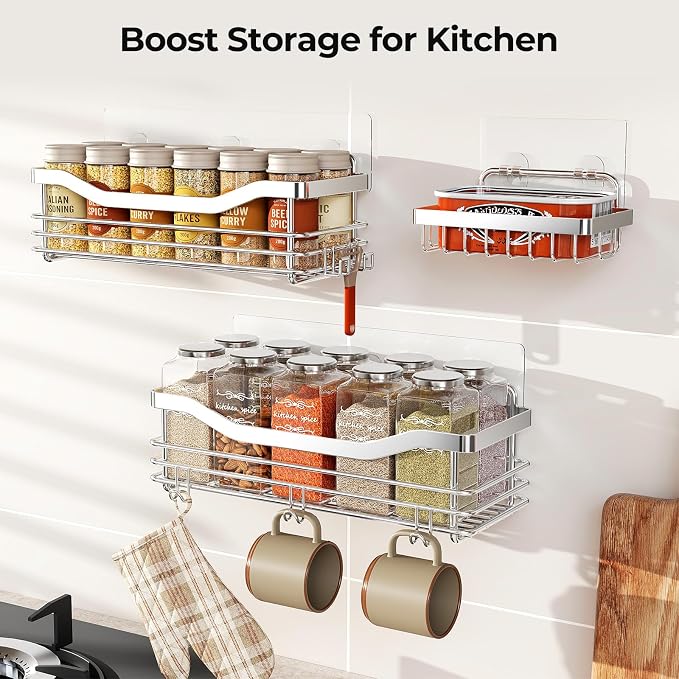 Orimade Shower Caddy Basket Soap Dish Holder Shelf with 5 Hooks Bathroom Organizer Shelf Kitchen Storage Rack Wall Mounted Adhesive No Drilling Rustproof SUS304 Stainless Steel - 3 Pack