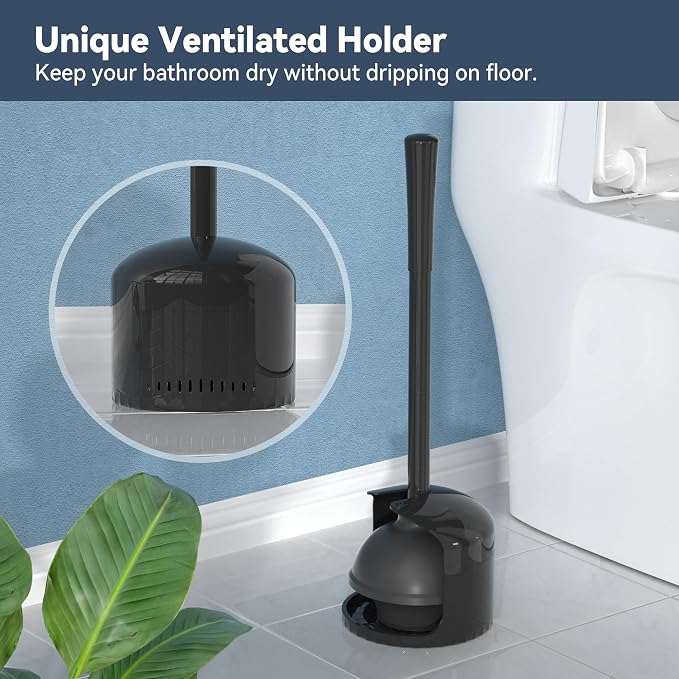 TRENTI Toilet Plunger with Holder, Plunger with Holder for 5.3-inch Toilet Drain, Plungers for Bathroom with Holder, Toilet Plunger Heavy Duty (1, Black)
