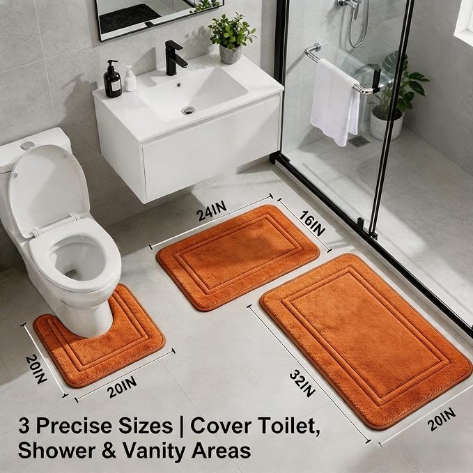 Bathroom Rugs Set 3 Piece Memory Foam, Bordered Toilet Rug, Non-Slip Orange | Fall, Halloween & Thanksgiving Decor — Warm Orange bath mats, absorbent and washable, with a U-shaped toilet mat.