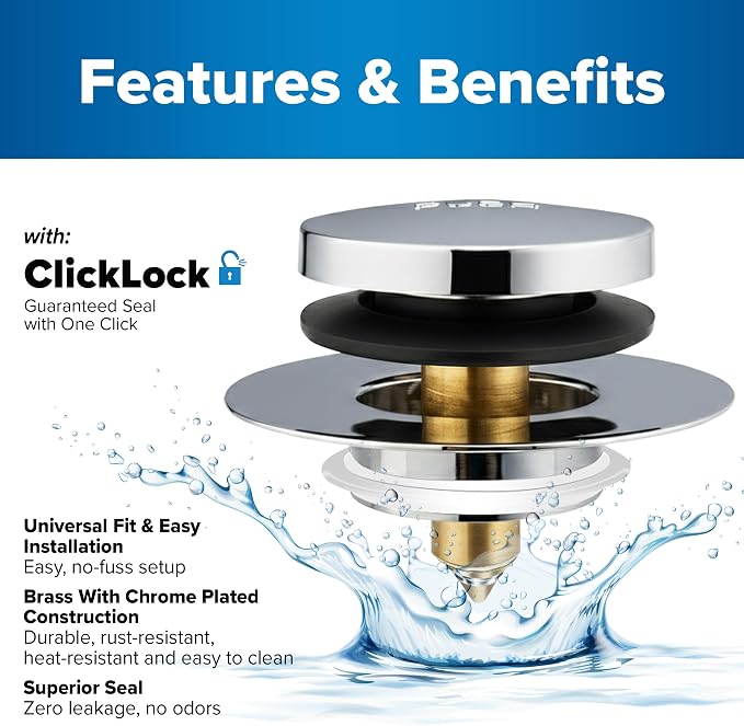 Tub Daddy Pro Universal Bathtub Drain Stopper – ClickLock Seal, Hair Catcher, Easy Install, Chrome & Nickel Finish