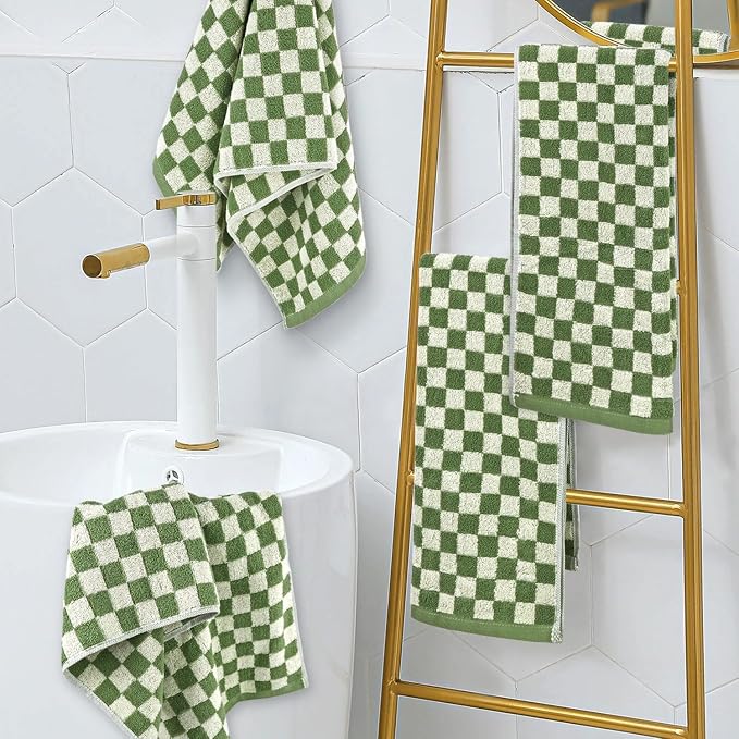 Jacquotha Green Hand Towels for Bathroom Set of 4, Cute Checkered | Bathroom Towels for Kitchen Decor, Lightweight for Bath Face Body