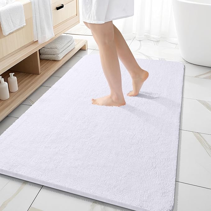 OLANLY Large Bathroom Rugs 59x35, Extra Soft Absorbent Chenille Bath Rugs | White, Quick-Drying Rubber Backing, Machine Washable Bath Mat for Bathroom Floor, Tub and Shower, Home Decor Accessories