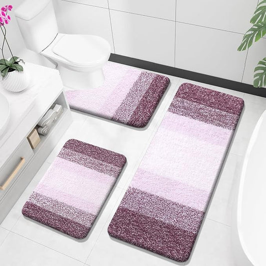 OLANLY Microfiber Bathroom Rugs Sets 3 Piece, 47"x20"+24"x16"+24"x20" | Mauve, Soft Absorbent Bath Mats and U-Shaped Contour Toilet Rug, Plush Shaggy Bath Mat Set for Bathroom