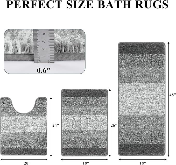 Pauwer 3 Piece Bathroom Rug Set, Microfiber Non Slip Bath Mats, Grey | Machine Washable, Quick Dry, Ultra Absorbent Floor Carpet, Plush Shower Rugs, U-Shaped Contour Toilet Mat