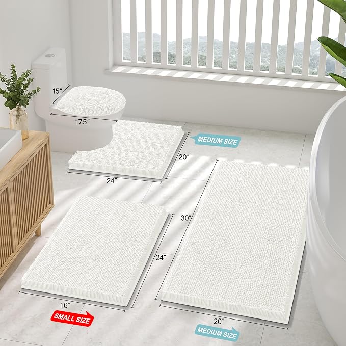 Smiry Chenille Bathroom Rugs Sets 2 Piece (30x20+ U Shape 24x20, Ivory) | Soft Absorbent Machine Washable Non Slip Shaggy Bath Rug Set for Tub, Shower, and Floor, Home Decor