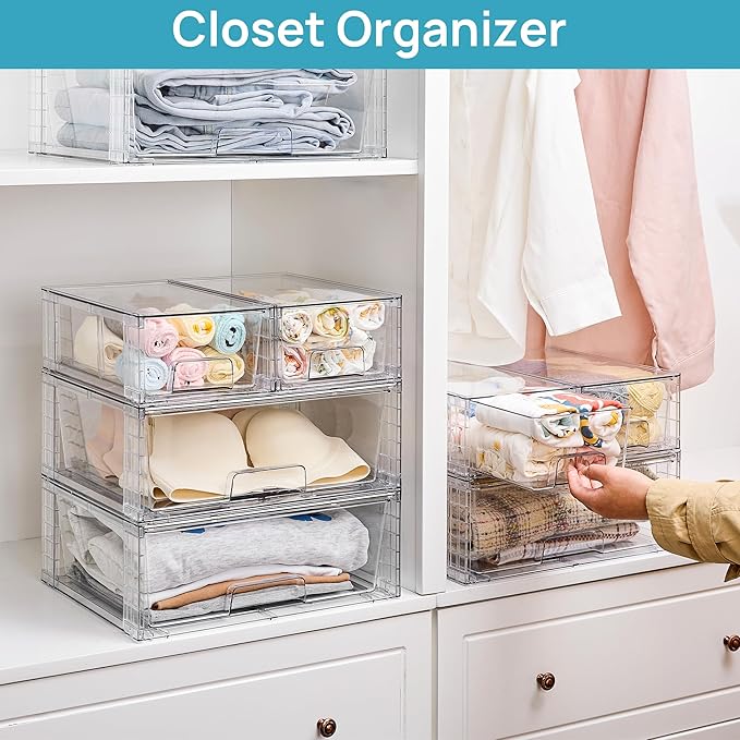 Vtopmart 5 Pack Stackable Storage Drawers, Easily Assemble Clear Plastic Organizer Bins, 3 Wide Drawers and 2 Small Drawers for Pantry, Kitchen Cabinet, Bathroom, Closet Organization and Storage