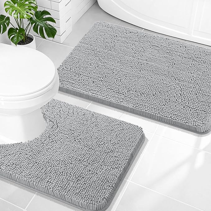 OLANLY Chenille Bathroom Rugs Mats Set 2 Piece, 30"x20"+24"x20", Light Grey | Soft Absorbent Bath Mat and U-Shaped Contour Toilet Rug Set, Quick Dry, Machine Washable Bath Carpet, Home Decor Accessories