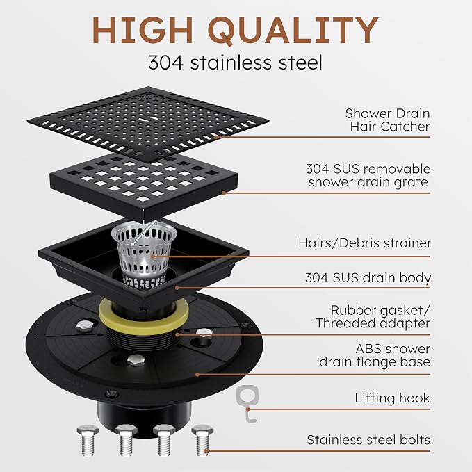 4 Inch Square Black Shower Drain Kit with Flange & Lifting Hook, Modern Floor Drain with Removable Quadrato Pattern Grate, Stainless Steel SUS 304 (Matte Black, 4 Inch)