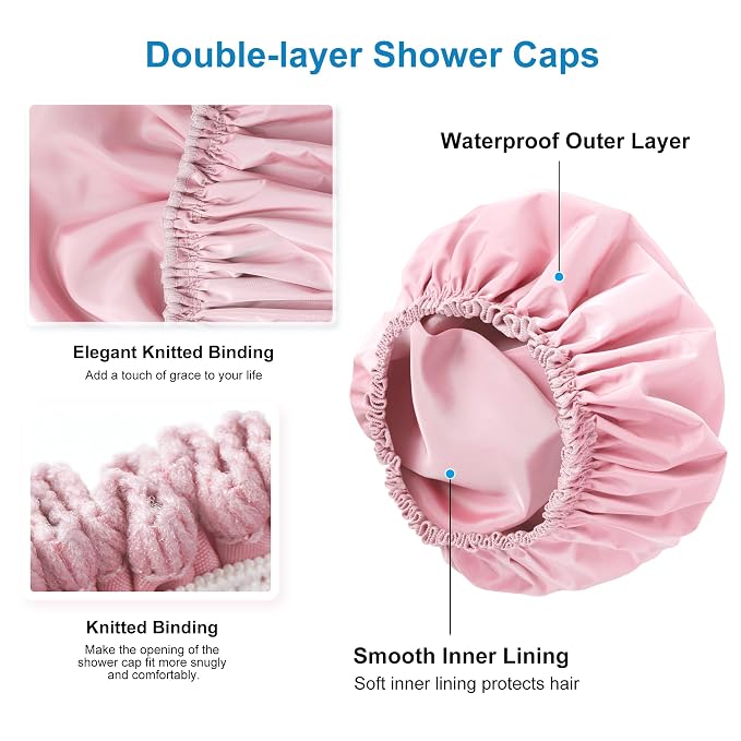 Shower Cap for Women, Large Waterproof Shower Bonnet | Double Layer, Reusable Hair Protector, Washable Large Bath Cap, Wide Elastic Band, for Long Hair, Braids - Pink