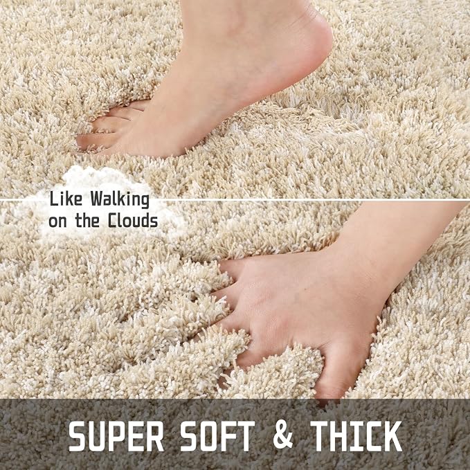 Yimobra Bathroom Rugs Sets 2 Piece, 32x20+24x17, Light Beige & White | Soft Absorbent Microfiber Bath Mat Set, Non Slip, Machine Washable Quick Dry, Plush Shaggy Shower Rugs for Bathroom Floor