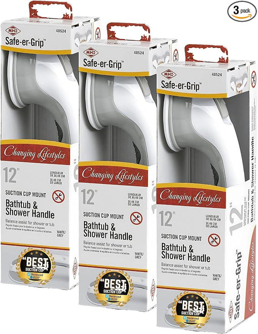 Safe-er-Grip Safe-er-Grip Changing Lifestyles Suction Cup Grab Bars for Bathtubs & Showers; Safety Bathroom Assist Handle, White & Grey, 12 inches (Pack of 3)