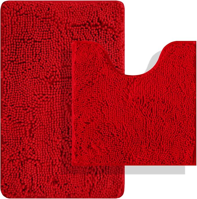 BOANKODU Red Bathroom Rugs Sets 2 Piece, Absorbent Bath Mat for Bathroom Very Soft Chenille Non-Slip, 32x20 Inch + 20x20 Inch U Shape Bathroom Mat, Machine Washable