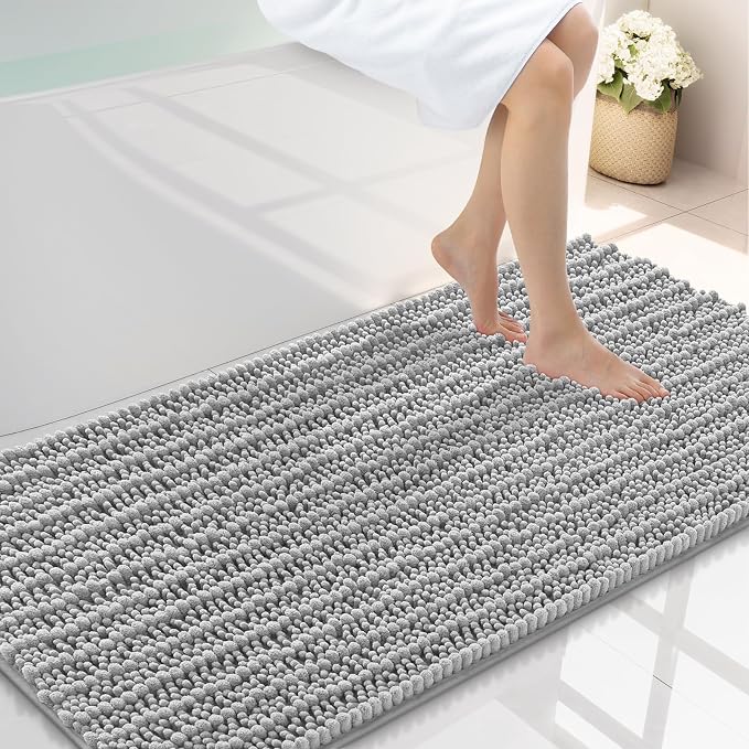 Smiry Bathroom Rugs 44X24, Extra Soft Rubber Backing Chenille Bath Mats | Light Grey Machine Washable Non Slip Quick Dry Bath Mats for Bathroom Floor, Tub, Shower, Home Decor Accessories