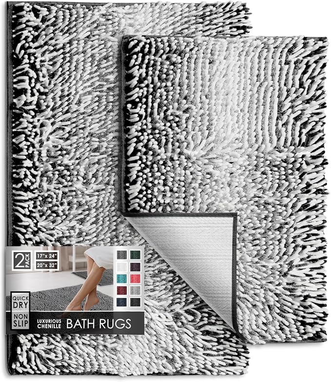 Hearth & Harbor Bathroom Rugs, Chenille Bath Mat - Machine Washable Bath Mats for Bathroom Non-Slip Backing Rubber, Quick Dry Bathroom Mat, 17 x 24 + 20 x 32 - Ombre Black