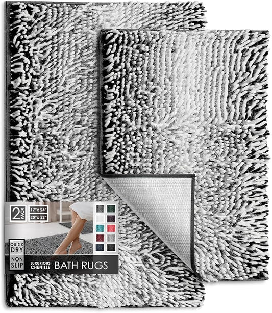 Hearth & Harbor Bathroom Rugs, Chenille Bath Mat - Machine Washable Bath Mats for Bathroom Non-Slip Backing Rubber, Quick Dry Bathroom Mat, 17 x 24 + 20 x 32 - Ombre Black
