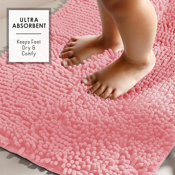 Hearth & Harbor Bathroom Rugs, Chenille Bath Mat - Machine Washable Bath Mats for Bathroom Non-Slip Backing Rubber, Quick Dry Bathroom Mat, 20 x 32 - Pink