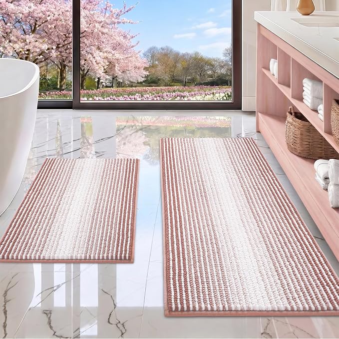Bathroom Rugs Sets 2 Piece, Non Slip Striped Bath Mats, Mist Pink | 20"x47" Plus 16"x24", Soft Absorbent Chenille, Quick Dry Machine Washable, Shower Rug for Bathroom Floor, Tub, Bedroom Decor
