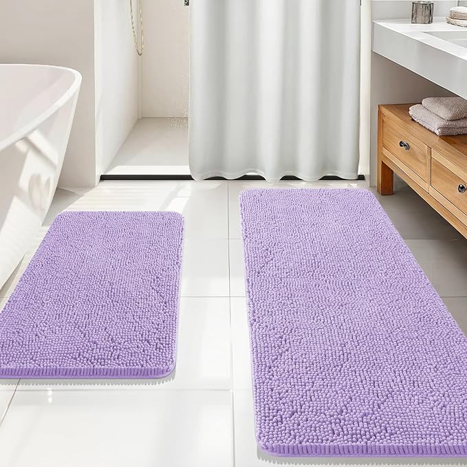 OLANLY Chenille Bathroom Rugs Mats Sets 2 Piece, 59"x20"+30"x20", Lavender | Ultra Soft Absorbent Bath Rugs Set, Rubber Backing Non-Slip, Quick Dry, Machine Washable Bath Carpet, Home Decor Accessories