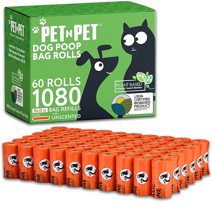 Pet N Pet Poop Bags for Dogs, 1080 Count, Plant Based, Unscented, Orange | 41%, 59% PE, Extra Thick, 9 x 13, Waste, Leak-Proof, Tear-Resistant, Easy-Tear Design, Durable, Reliable, dog waste bags