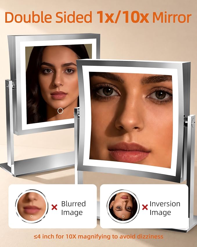 Ruacq Makeup Mirror with Lights, Dual Sided 1X/10X, Chrome | 8",4000mAh Rechargeable, Magnifying Mirror with 3 Color Lights,Touch Control Dimmable, 360° Rotation, Square, Gift for Women