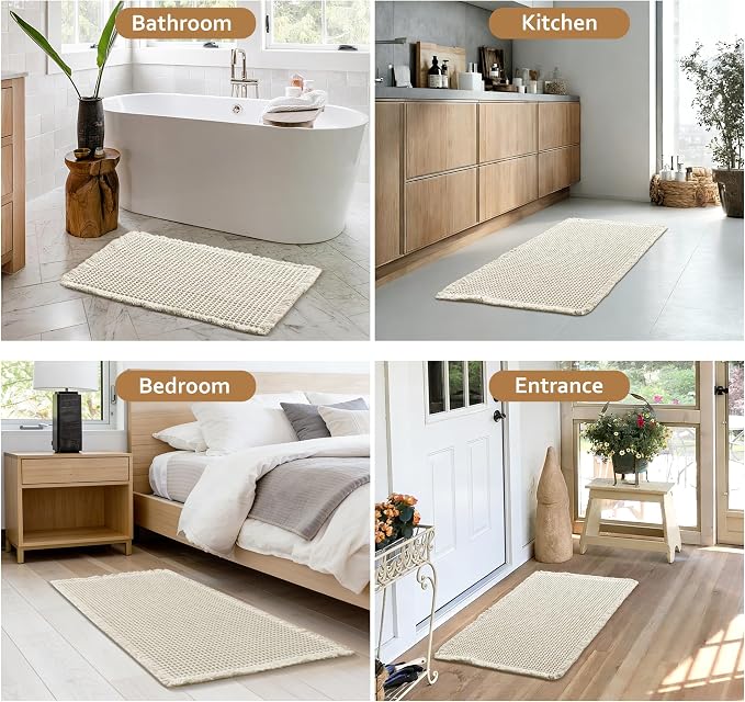 JIUZHEN Set of 2 Waffle Bath Mats Boho Bath Rugs 16"x24"+20"x32", Ivory | Non Slip, Super Absorbent, Washable, Ultra Soft, Fast Drying Waffle Bathroom Rugs for Bathroom Floor, Tub, Shower