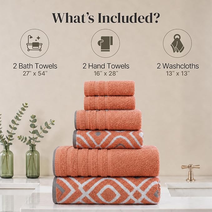 Modern Threads 6 Piece Bath Towel Set – Bathroom Set with 2 Bath Towels, 2 Hand Towels, and 2 Wash Cloths – 100% Cotton, Super Absorbent & Extra Soft – Reversible Classic Diamond (Rust Orange)