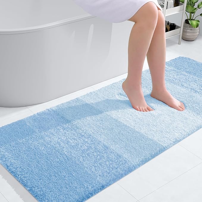 OLANLY Bathroom Runner Rug 54x24, Extra Soft Absorbent Microfiber Bath Rugs | Sky Blue, Non-Slip Quick-Drying Rubber Backing, Washable Long Bath Mat for Floor, Tub and Shower, Home Decor