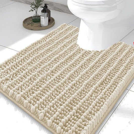 Smiry Bathroom Toilet Rugs U Shaped 24X20, Chenille Bath mats for Toilet | Sand Extra Soft Absorbent Non Slip Rubber Backing Contour Bath Rugs for Toilet, Machine Washable Contoured Bath Mats