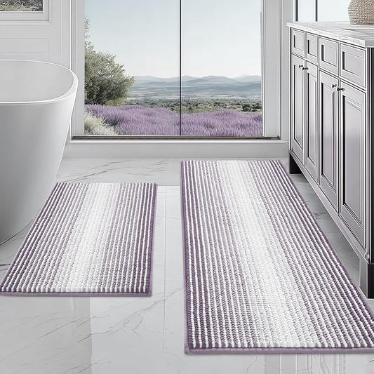 Bathroom Rugs Sets 2 Piece, Non Slip Bath Mats, Lavender Purple | 20"x47" Plus 16"x24", Soft Absorbent Striped Chenille, Quick Dry Machine Washable, Shower Rug for Bathroom Bedroom Décor