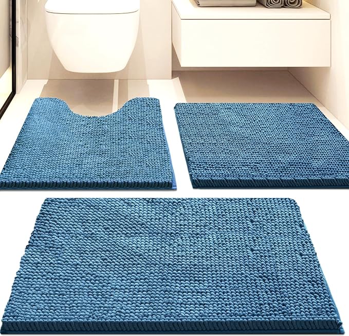 Bathroom Rugs Sets 3 Piece Non Slip,Bath Rugs with PVC Backing Bath Carpet,Bathroom Rug Washable,Absorbent,Plush Carpet Mats,Bath Mats for Bedroom, Kitchen,Tub,Home Decor (Deep Blue)