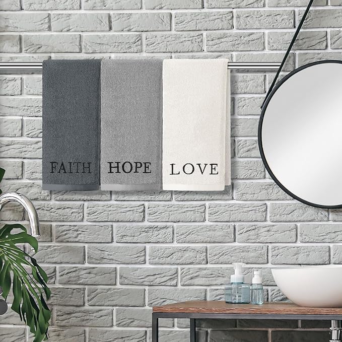 3 Pcs Hand Towels Bathroom Set,Gray,Faith Hope Love | Embroidered Cotton Farmhouse Towels, Kitchen Decor, Rustic Boho Decorative with Text Labels, Guest Bath Home