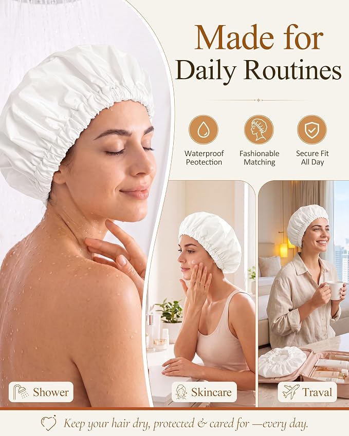Edoneery Shower Caps for Women Reusable Waterproof, Shower Hair Cap | Washable Bonnet, Wide Elastic Band, Large Fit, Holds Long Hair, Braids Friendly, Bath Accessories, Spa, Travel