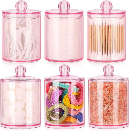 Tbestmax 6 Pack Qtip Holder - 12 oz, 10 oz Bathroom Organizer and Storage Containers, Plastic Apothecary Jars with Lids for Cotton Ball, Cotton Swab, Floss, Pink