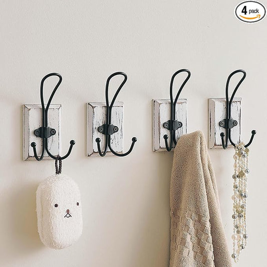 4 Pack Farmhouse Towel Hooks for Bathrooms, Heavy Duty Adhesive Mounted & Wall Mount Rustic Farmhouse Decorative Wood Wall Hooks for Hanging Towel Robe Coat (White)
