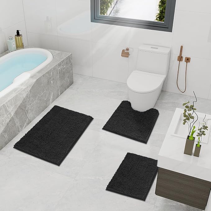 TREETONE Bathroom Rugs Sets, Thick Soft Absorbent 3 Piece Chenille Bath Rugs, Non-Slip, Dry Quickly, Machine Washable, Shaggy Mats with U-Shaped Toilet Rug for Bathroom Floor, Tub and Shower, Black