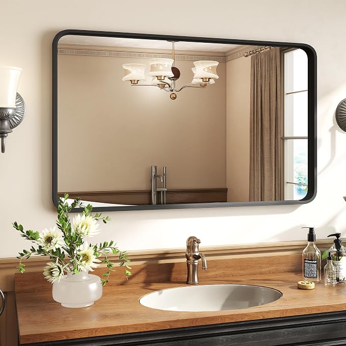 40x30 Inch Rectangle Bathroom Mirror for Wall, Matte Black Metal Framed, Bathroom Vanity Mirrors for Restroom Farmhouse, Anti-Rust, Tempered Glass, Horizontally or Vertically Hanging