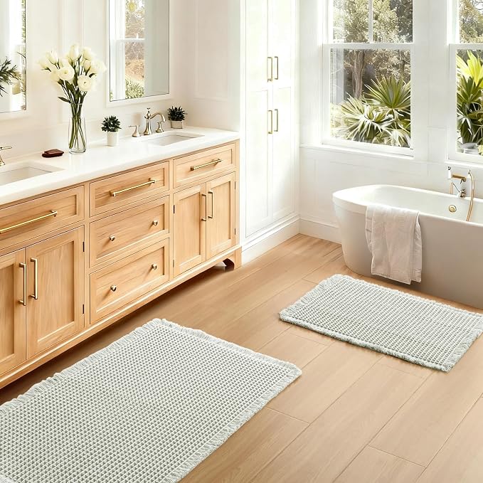 JIUZHEN Set of 2 Waffle Bath Mats Boho Bath Rugs 16"x24"+20"x32", Cream | Non Slip, Super Absorbent, Washable, Ultra Soft, Fast Drying Waffle Bathroom Rugs for Bathroom Floor, Tub, Shower