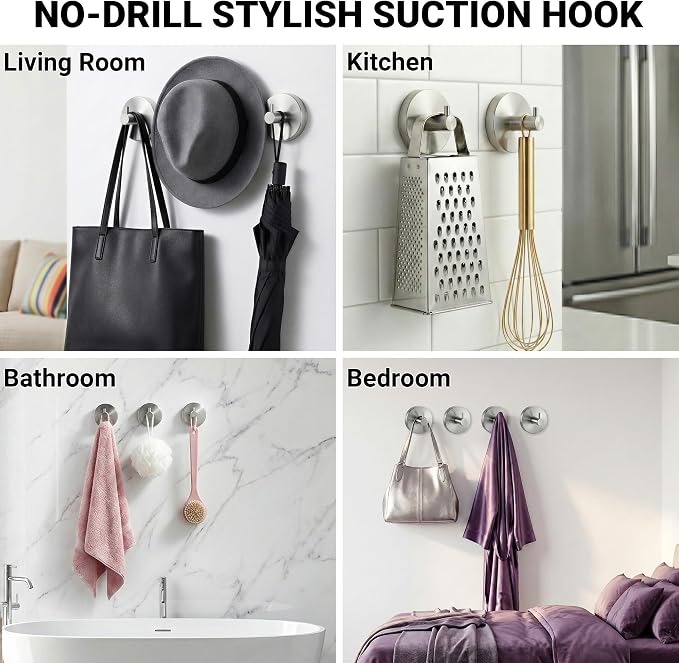 cleanan Suction Cup Hooks for Shower Wall - Heavy Duty Stainless Steel Bathroom Hanger, Vacuum Towel Hooks for Inside Shower Glass Door, Tile & Mirror, Waterproof Loofah Robe Holder No Drill (2 Pack)