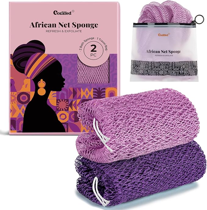 CORATED African Net Sponge Authentic, Shower Loofah Exfoliating Bath Sponge | Body Scrubber for Women and Men Daily Use Body Care, Travel Portable Bath Accessories Spa Gifts
