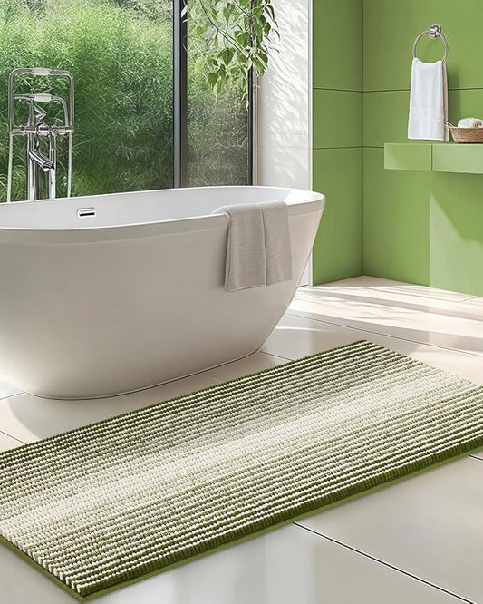Large Chenille Bathroom Rugs Runner, 22x60 Striped Bath Mats, Sage | Non Slip Backing, Extra Soft Absorbent, Quick Dry Machine Washable, Shower Rug for Bathroom Floor, Tub, Bedroom Decor
