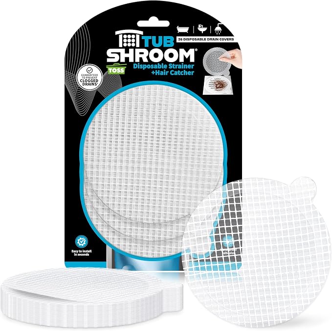 TubShroom Toss 26pk Disposable Drain Covers - Hair Catcher Mesh Sticker Strainers for Shower Bathtub and Bathroom Sink Drains to Prevent Clogged Drains, Half Year Supply