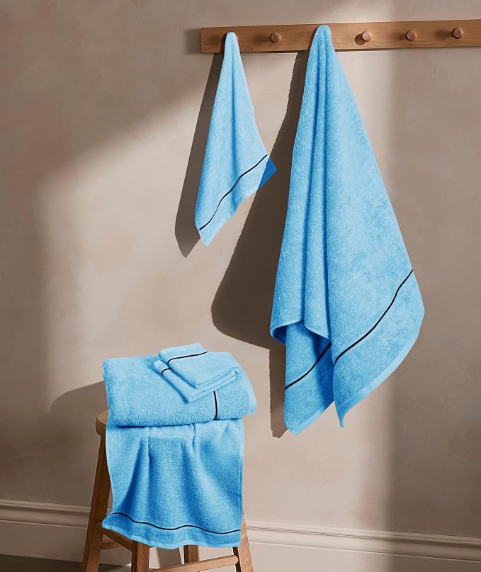 MyOwn Ultra Soft 6 Pack Cotton Towel Set, Contains 2 Bath Towels 28x55 inch, 2 Hand Towels 16x24 inch & 2 Wash Coths 12x12 inch, Ideal Everyday use, Compact & Lightweight - Sky Blue