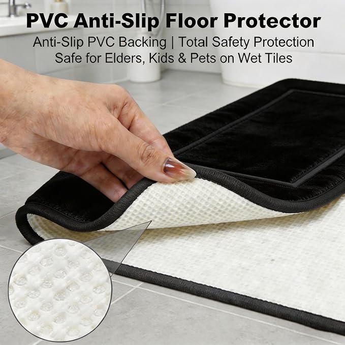 Bathroom Rugs Set 3 Piece Memory Foam, Bordered Toilet Rug, Non-Slip Black | Modern & Monochrome Decor — Black bath mats, absorbent and washable, with a U-shaped toilet mat.
