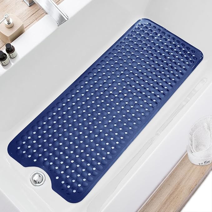 TEESHLY Bath Tub and Shower Mats, Non Slip 40 x 16 Inch Extra Large Bathtub Mat, Machine Washable Bathmat with Drain Holes, Suction Cups for Bathroom Floor, Navy Blue